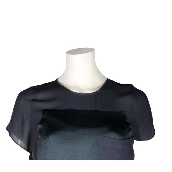 Helmut Lang Womens Petite Teal Blue Shirt Short Sleeve Front Pocket Nylon Blouse - Picture 2 of 9